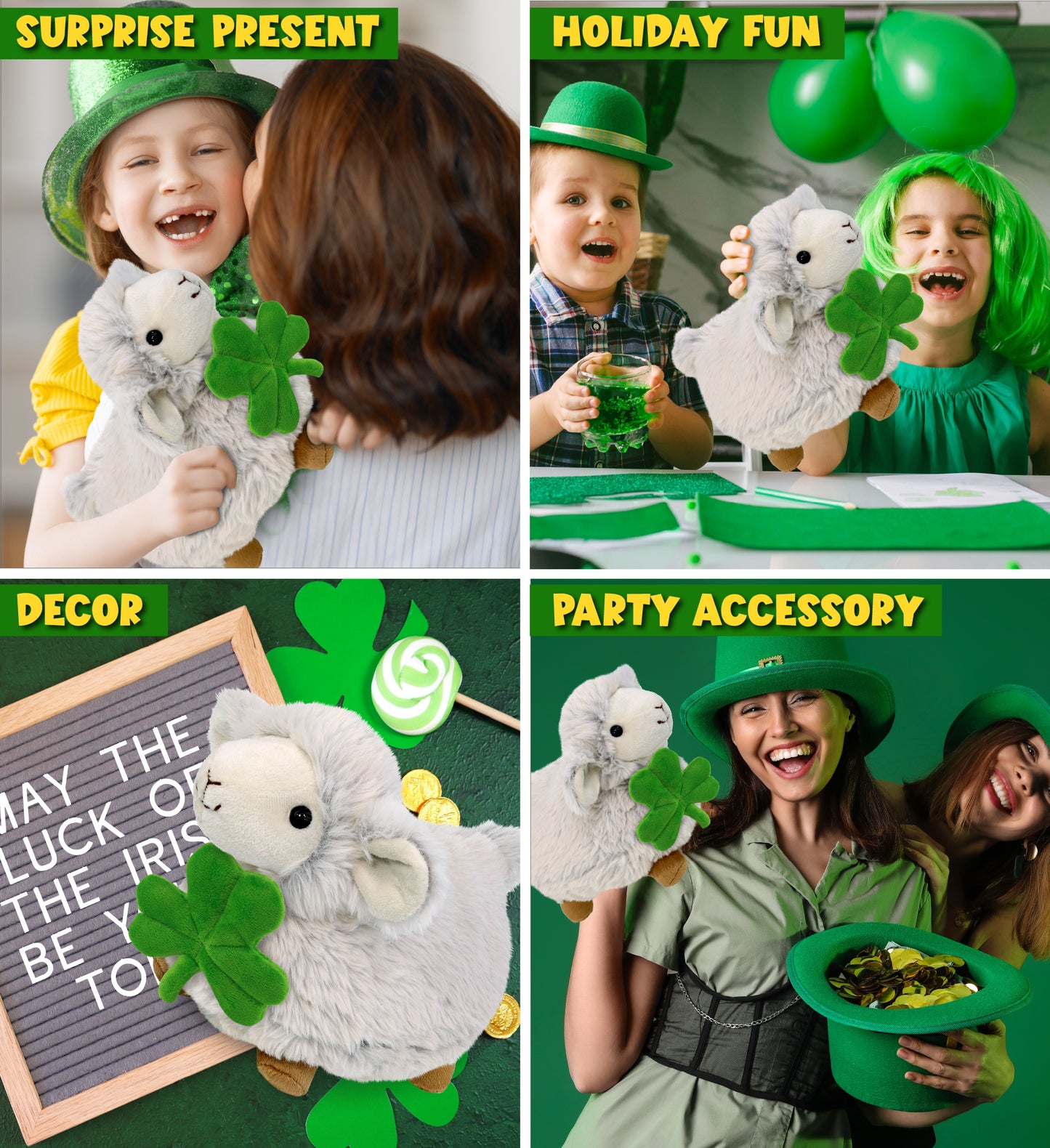 DolliBu Fluffy White Sheep Stuffed Animal with Green Plush Shamrock - 11.5 Inch