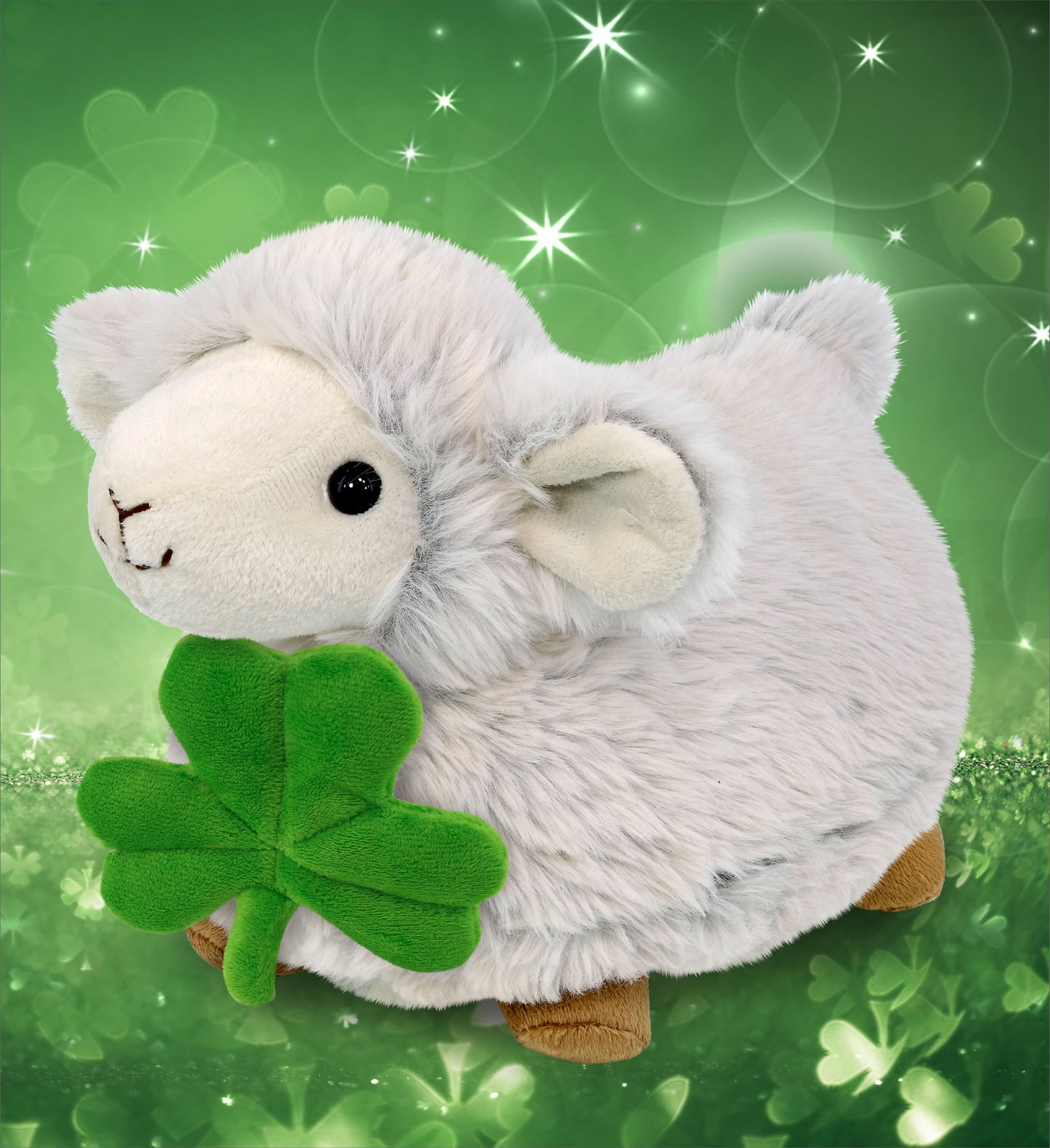 DolliBu Fluffy White Sheep Stuffed Animal with Green Plush Shamrock - 11.5 Inch