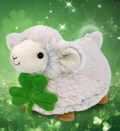 DolliBu Fluffy White Sheep Stuffed Animal with Green Plush Shamrock - 11.5 Inch