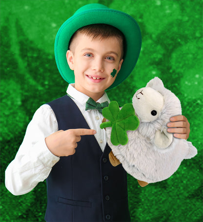 DolliBu Fluffy White Sheep Stuffed Animal with Green Plush Shamrock - 11.5 Inch