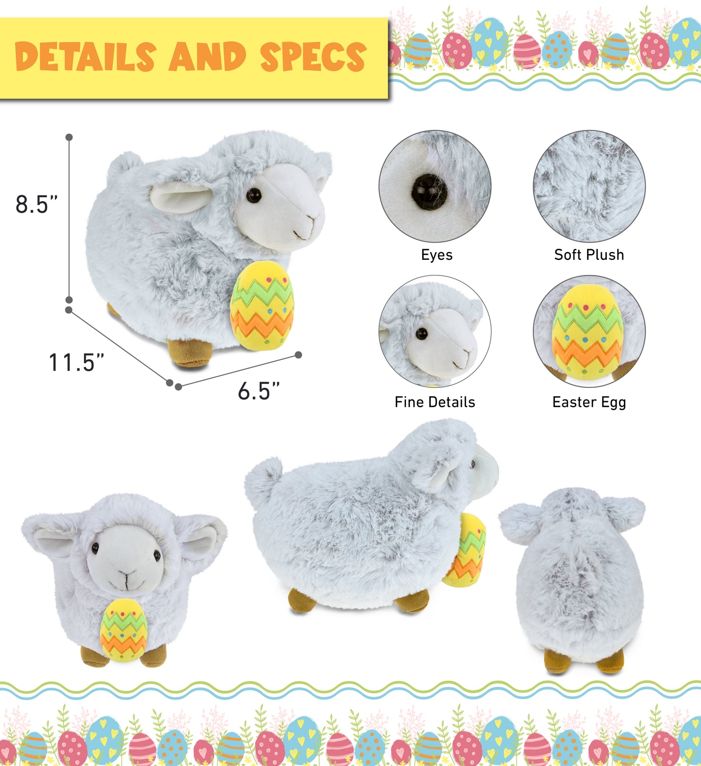 DolliBu Super Soft Fluffy White Sheep with Yellow Easter Egg Plush - 11.5 Inch