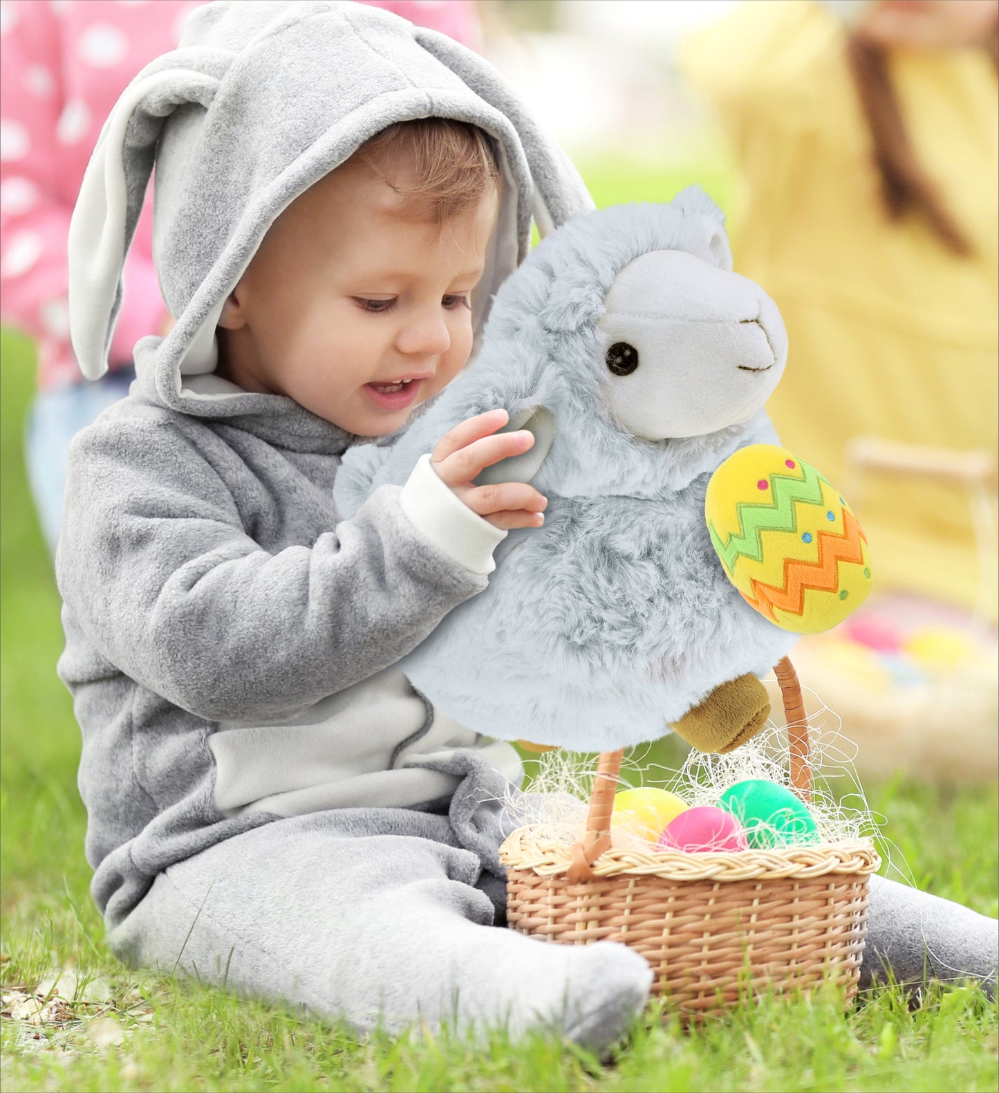 DolliBu Super Soft Fluffy White Sheep with Yellow Easter Egg Plush - 11.5 Inch