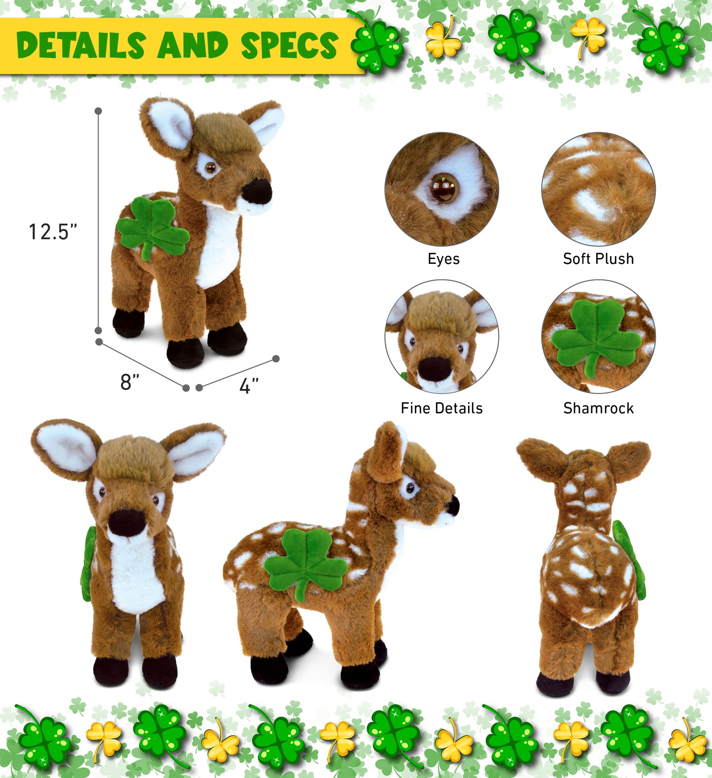 DolliBu Standing Deer Stuffed Animal with Green Plush Shamrock - 12.5 Inches