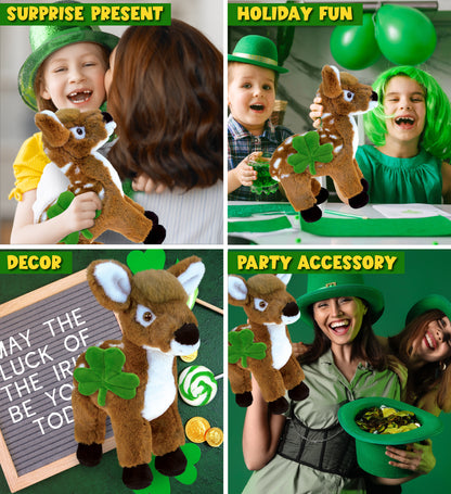 DolliBu Standing Deer Stuffed Animal with Green Plush Shamrock - 12.5 Inches