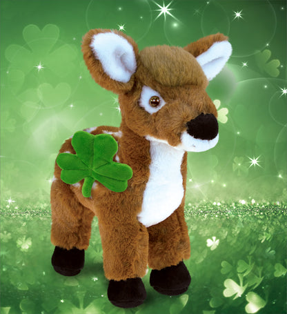 DolliBu Standing Deer Stuffed Animal with Green Plush Shamrock - 12.5 Inches