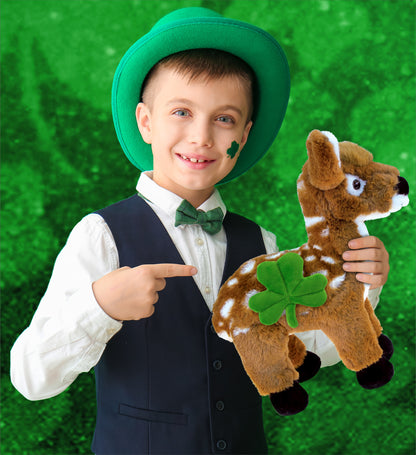 DolliBu Standing Deer Stuffed Animal with Green Plush Shamrock - 12.5 Inches