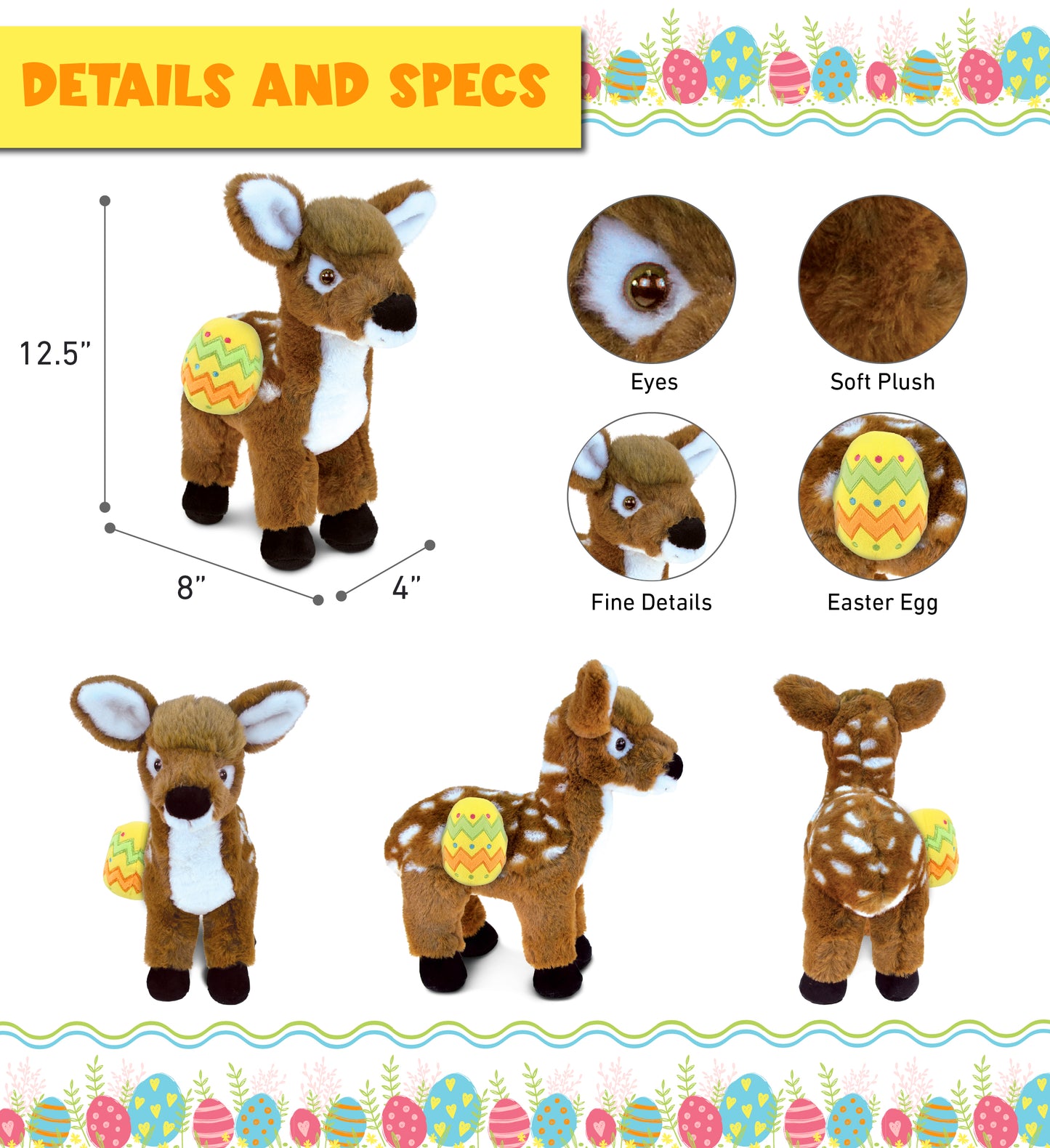 DolliBu Super Soft Standing Deer with Yellow Easter Egg Plush - 12.5 Inches