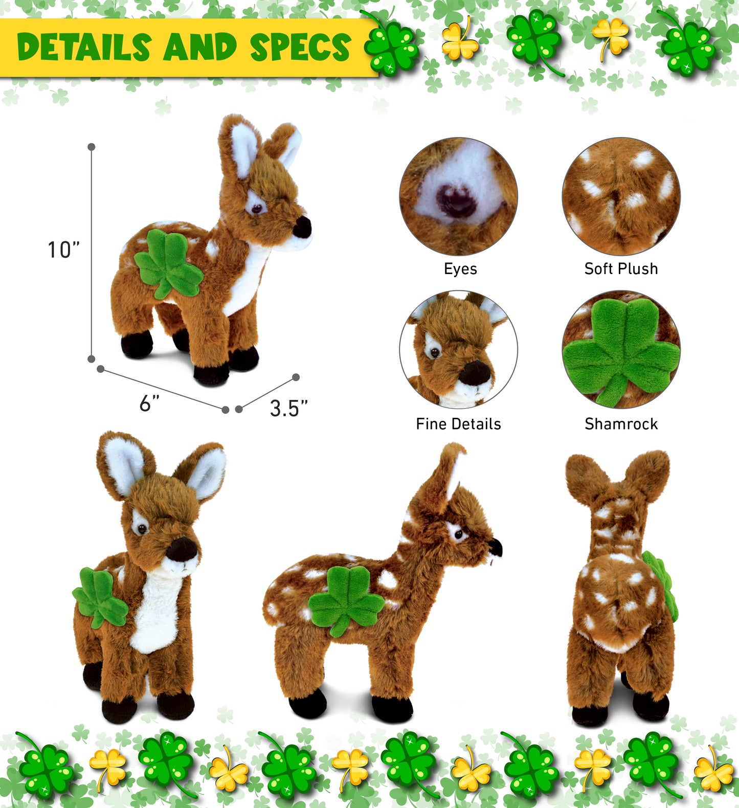 DolliBu Small Standing Deer Stuffed Animal with Green Plush Shamrock - 10 Inch