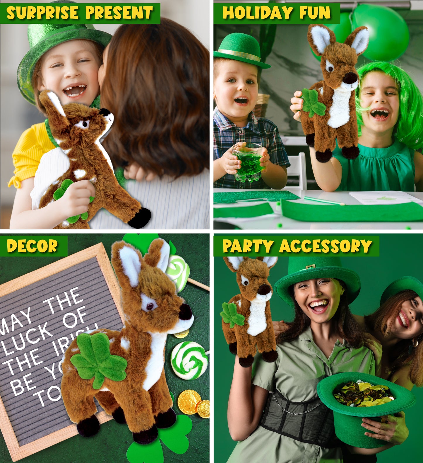 DolliBu Small Standing Deer Stuffed Animal with Green Plush Shamrock - 10 Inch