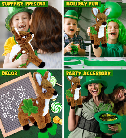 DolliBu Small Standing Deer Stuffed Animal with Green Plush Shamrock - 10 Inch