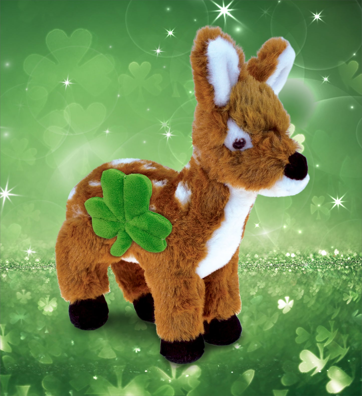 DolliBu Small Standing Deer Stuffed Animal with Green Plush Shamrock - 10 Inch