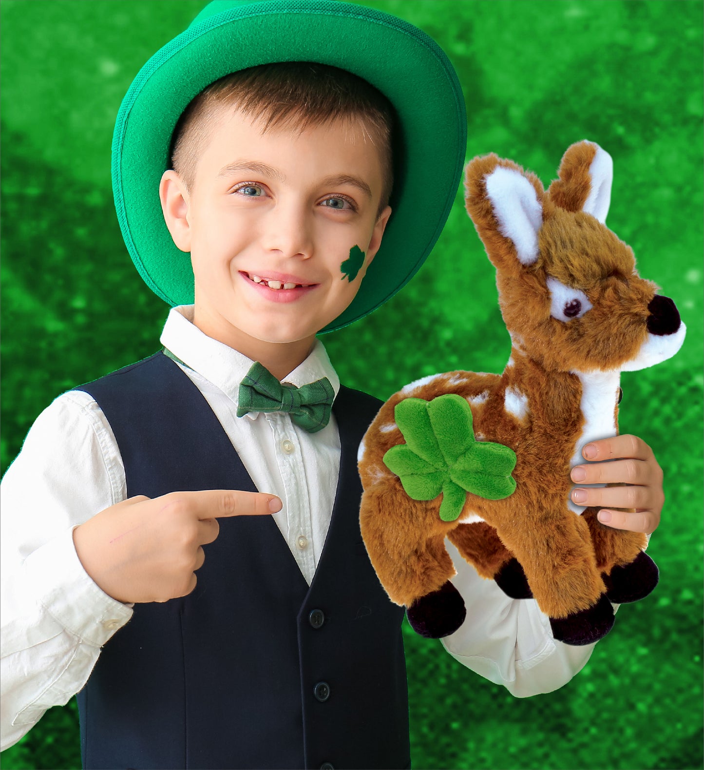 DolliBu Small Standing Deer Stuffed Animal with Green Plush Shamrock - 10 Inch