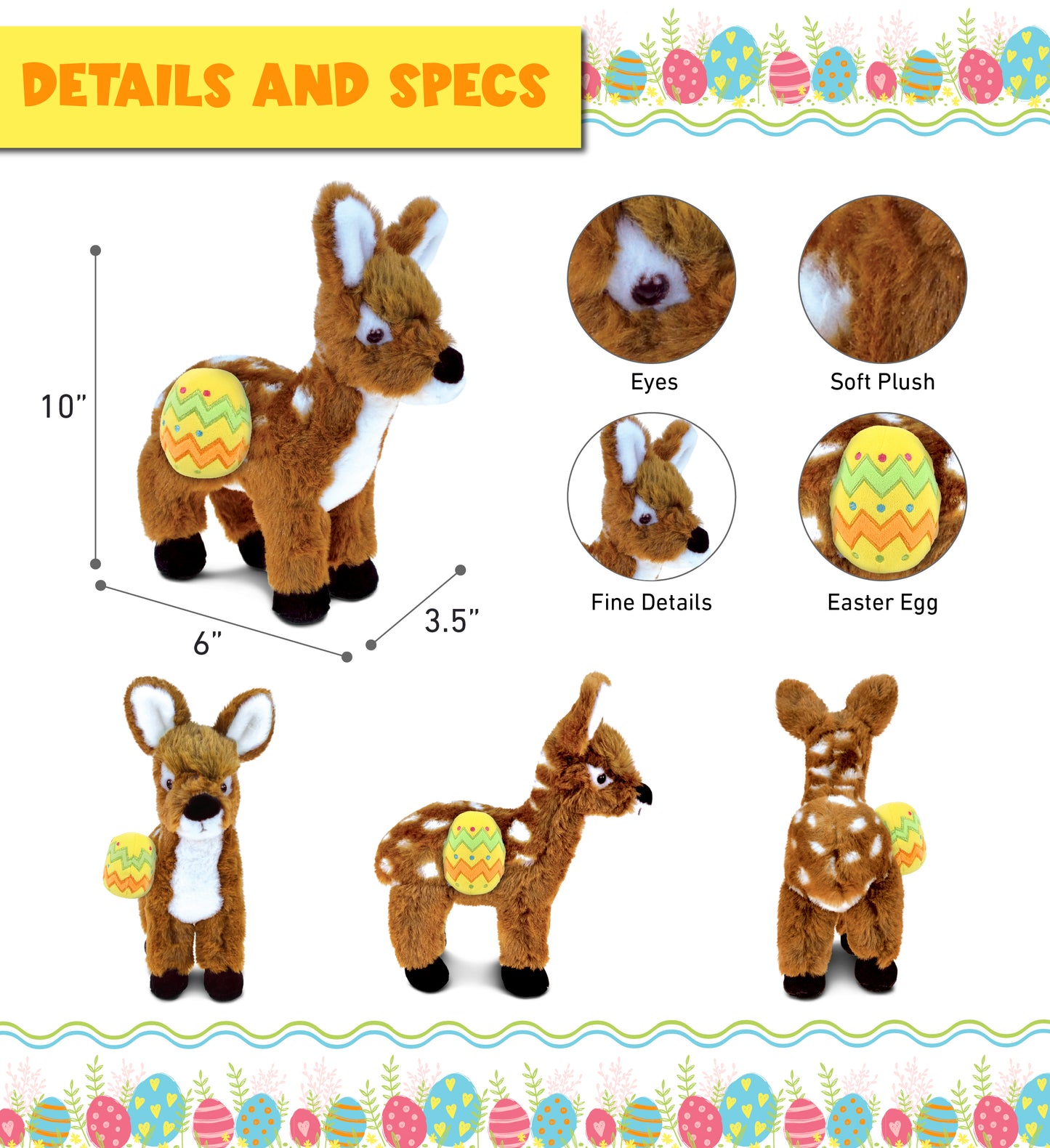 DolliBu Super Soft Small Standing Deer with Yellow Easter Egg Plush - 10 Inches