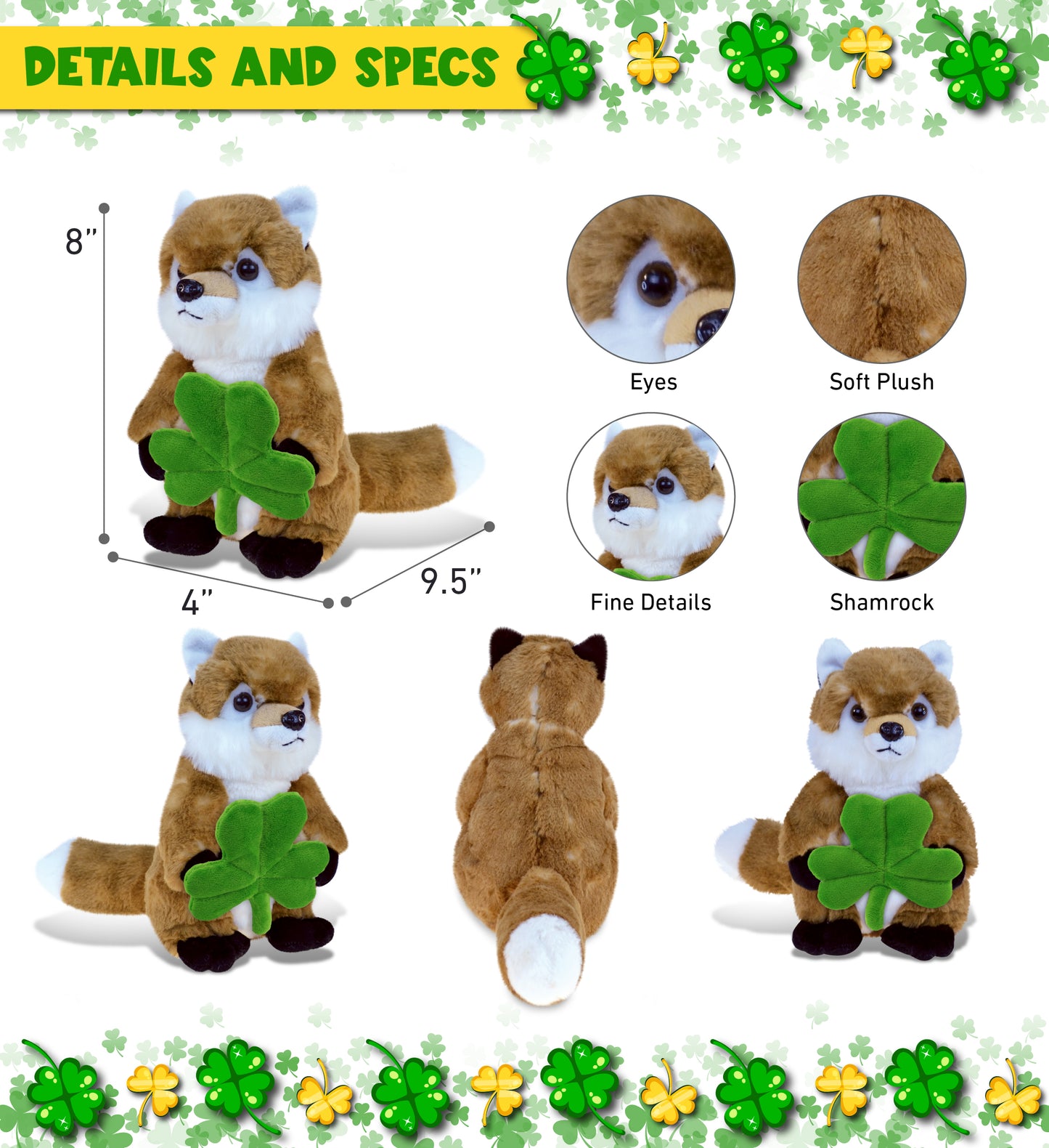 DolliBu Super Soft Fox Stuffed Animal with Green Plush Shamrock - 9.5 Inches