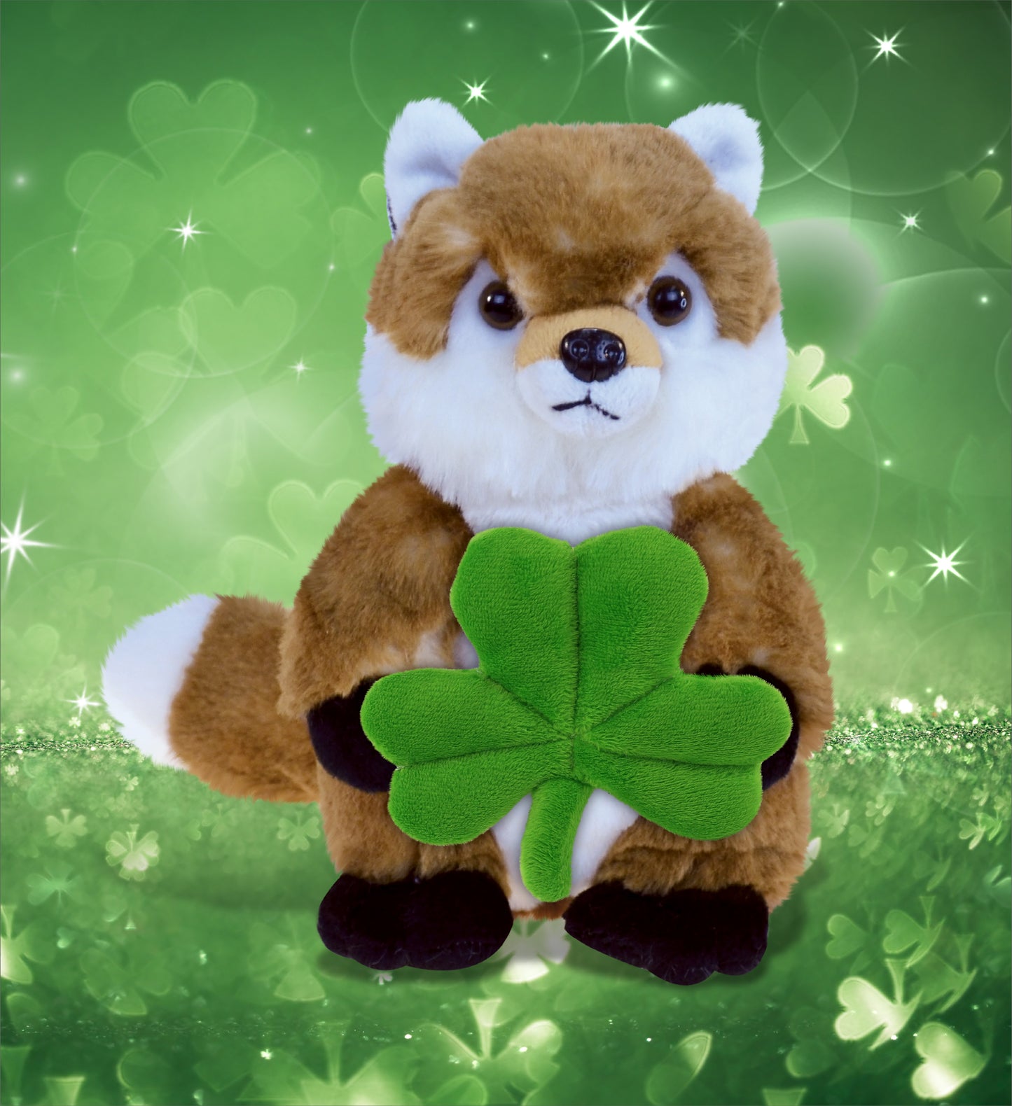 DolliBu Super Soft Fox Stuffed Animal with Green Plush Shamrock - 9.5 Inches