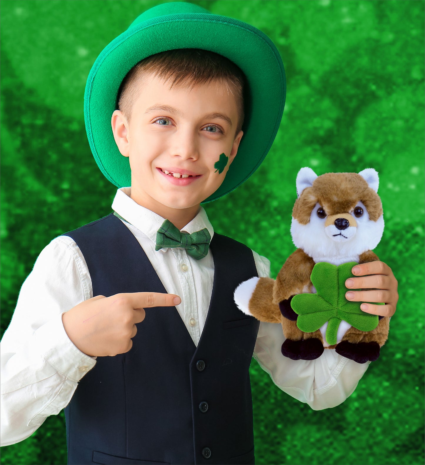DolliBu Super Soft Fox Stuffed Animal with Green Plush Shamrock - 9.5 Inches