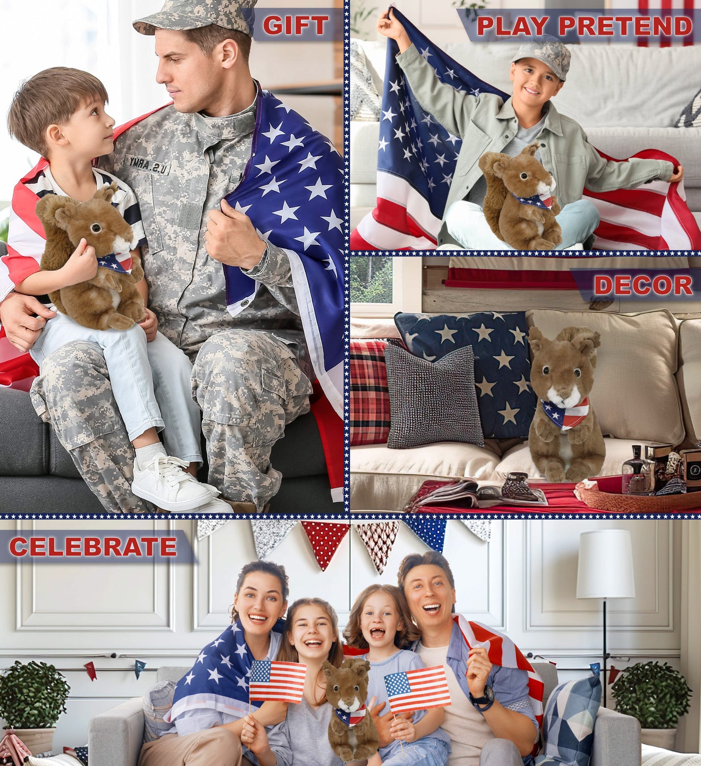 SUPER SOFT PLUSH - SQUIRREL WITH USA FLAG BANDANA