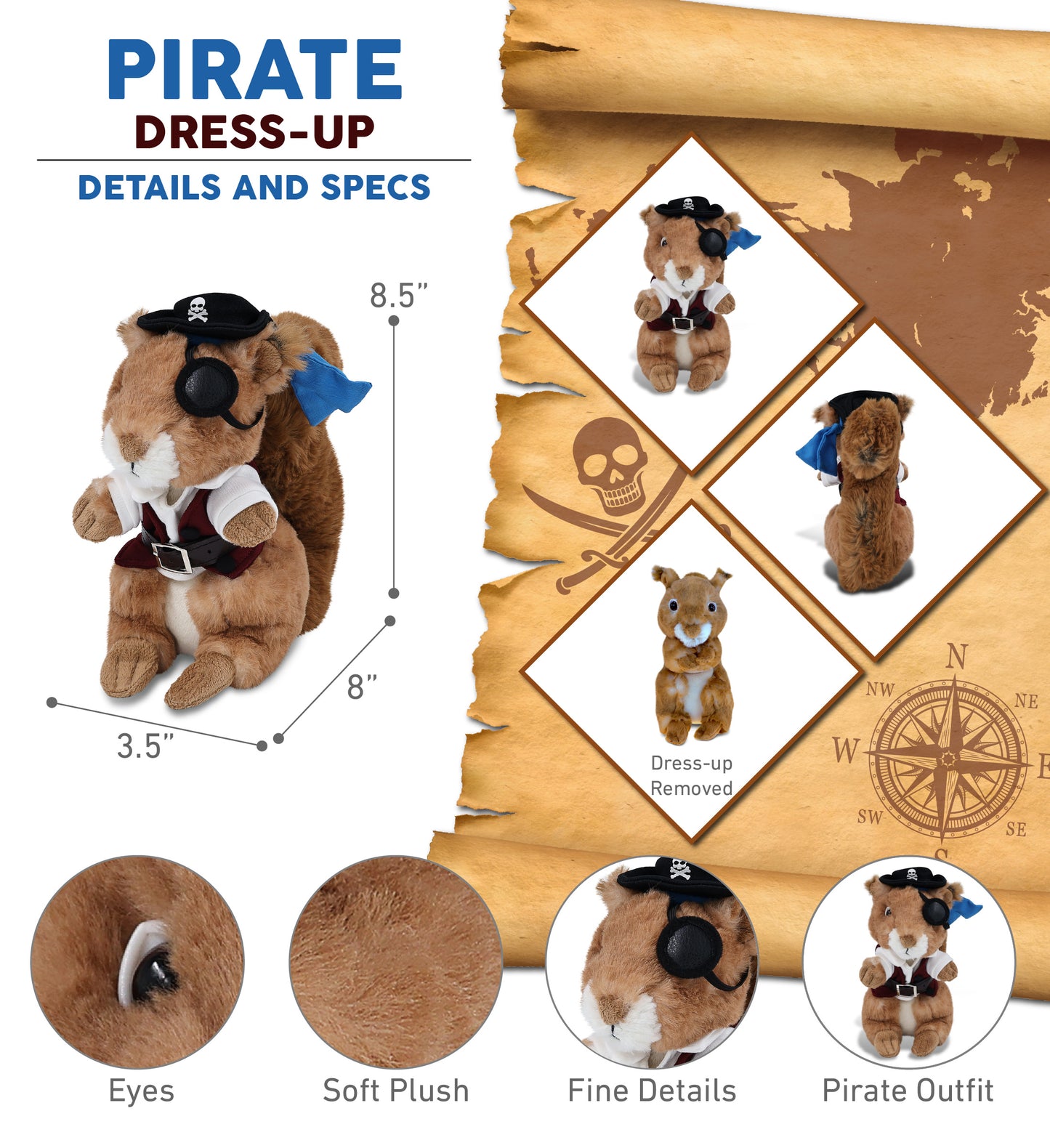 SUPER SOFT PLUSH - SQUIRREL WITH PIRATE DRESS UP