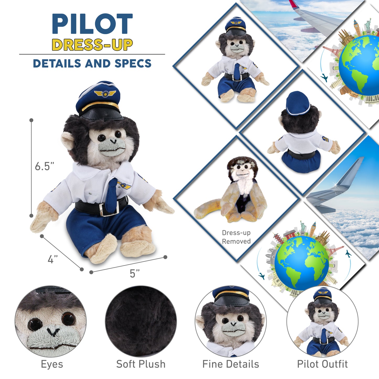 SUPER SOFT PLUSH - SQUIRREL MONKEY WITH PILOT DRESS UP