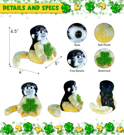 DolliBu Wild Squirrel Monkey Stuffed Toy with Green Plush Shamrock - 12.5 Inch