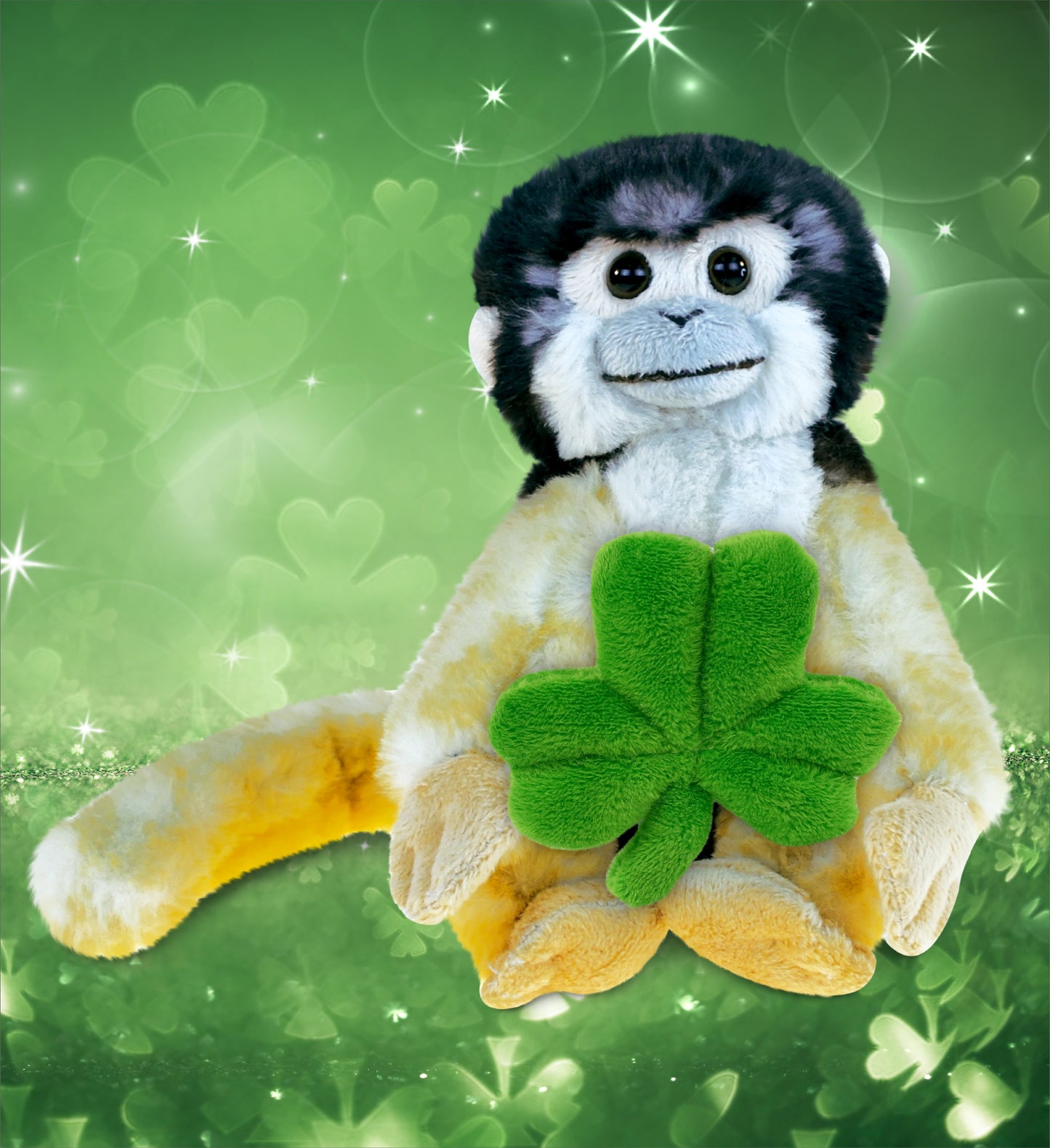 DolliBu Wild Squirrel Monkey Stuffed Toy with Green Plush Shamrock - 12.5 Inch