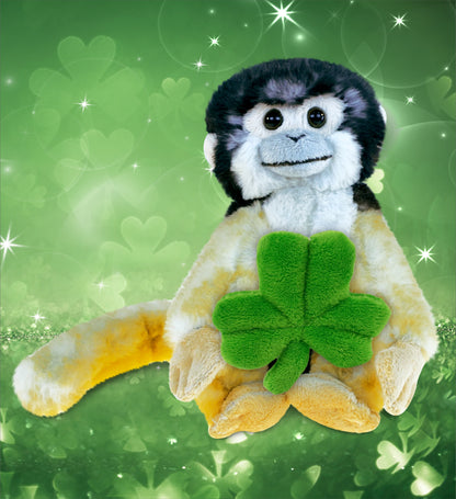 DolliBu Wild Squirrel Monkey Stuffed Toy with Green Plush Shamrock - 12.5 Inch
