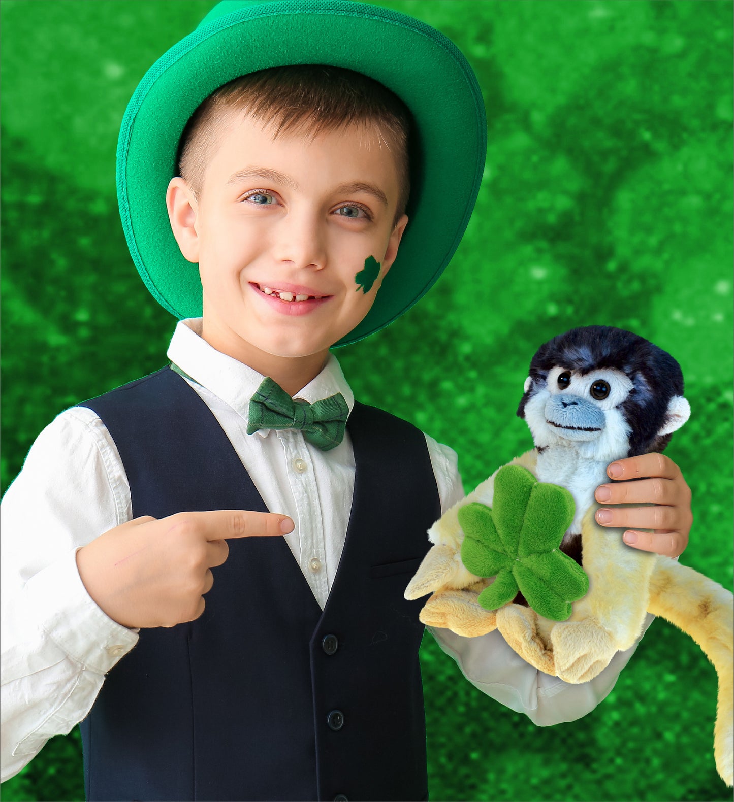 DolliBu Wild Squirrel Monkey Stuffed Toy with Green Plush Shamrock - 12.5 Inch