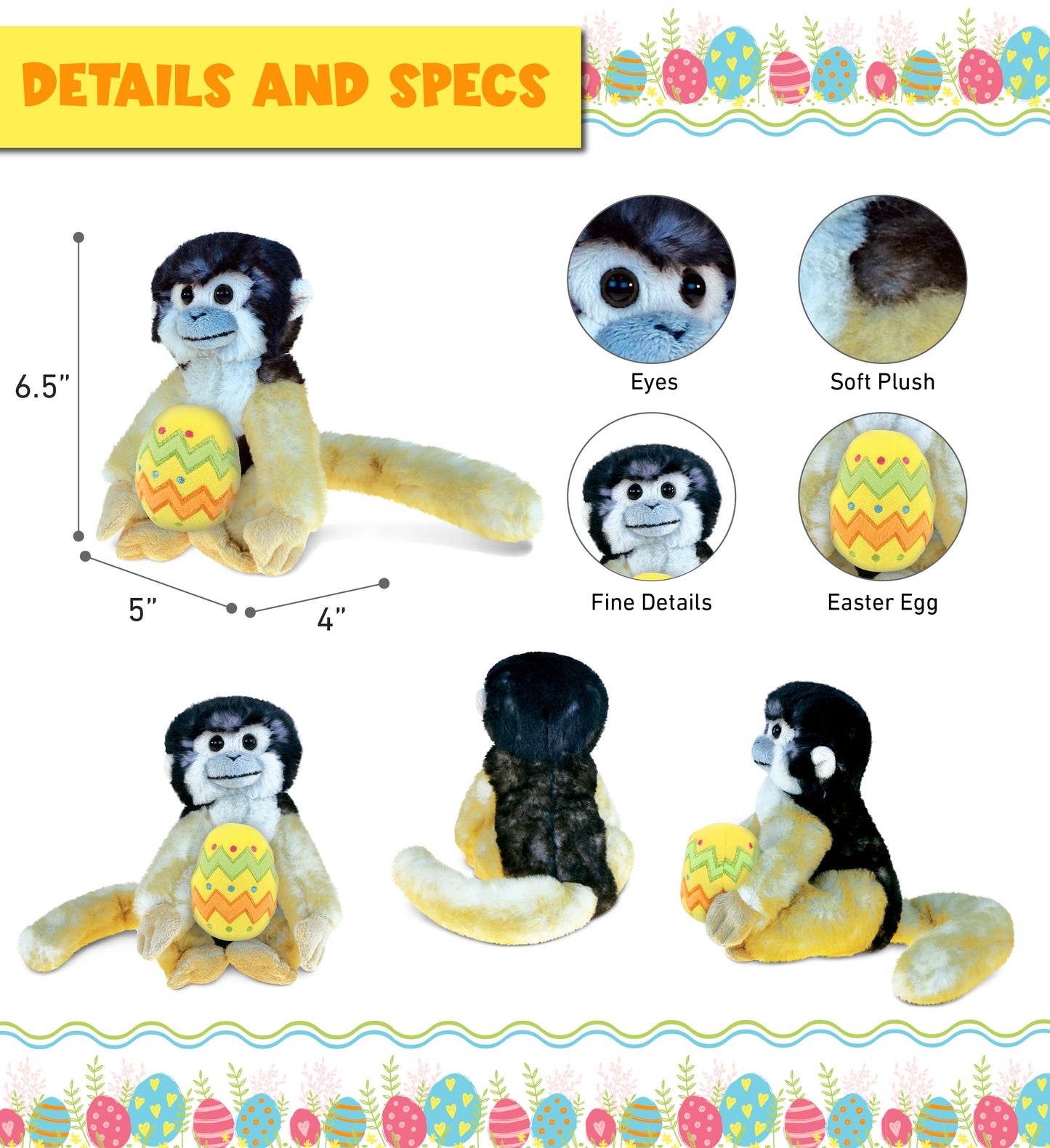 DolliBu Cute Wild Squirrel Monkey with Yellow Easter Egg Plush - 12.5 Inches