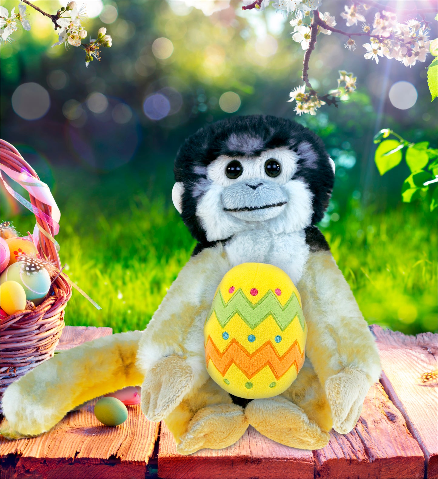 DolliBu Cute Wild Squirrel Monkey with Yellow Easter Egg Plush - 12.5 Inches