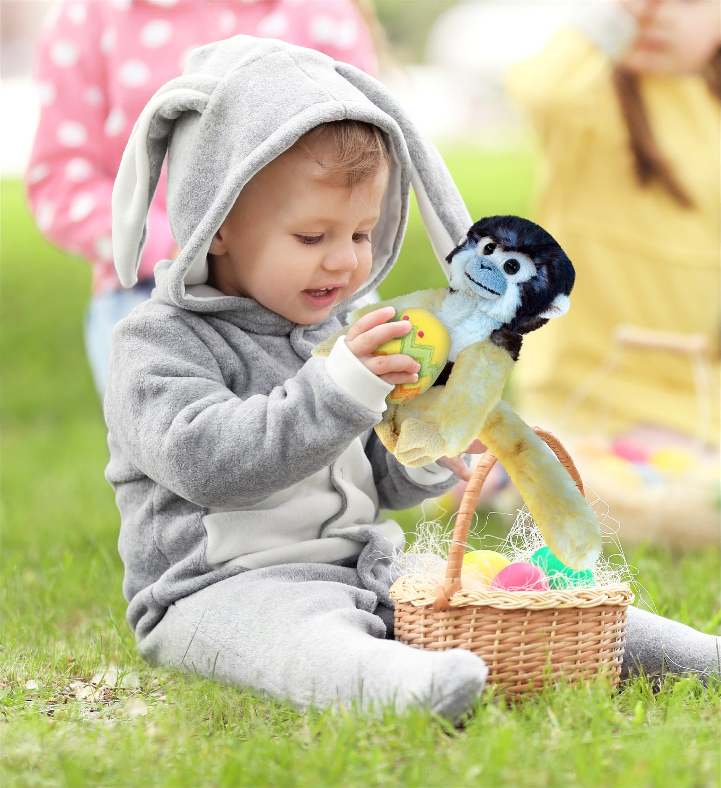 DolliBu Cute Wild Squirrel Monkey with Yellow Easter Egg Plush - 12.5 Inches