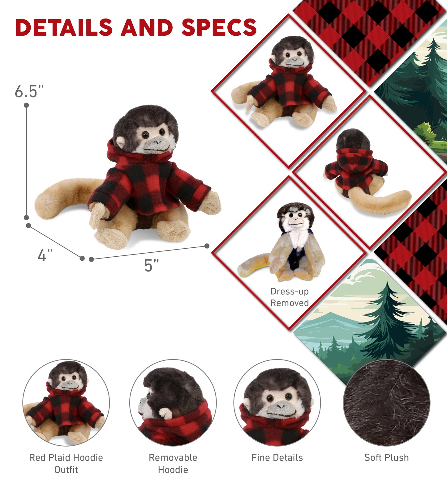 SUPER SOFT PLUSH - SQUIRREL MONKEY WITH RED PLAID HOODIE