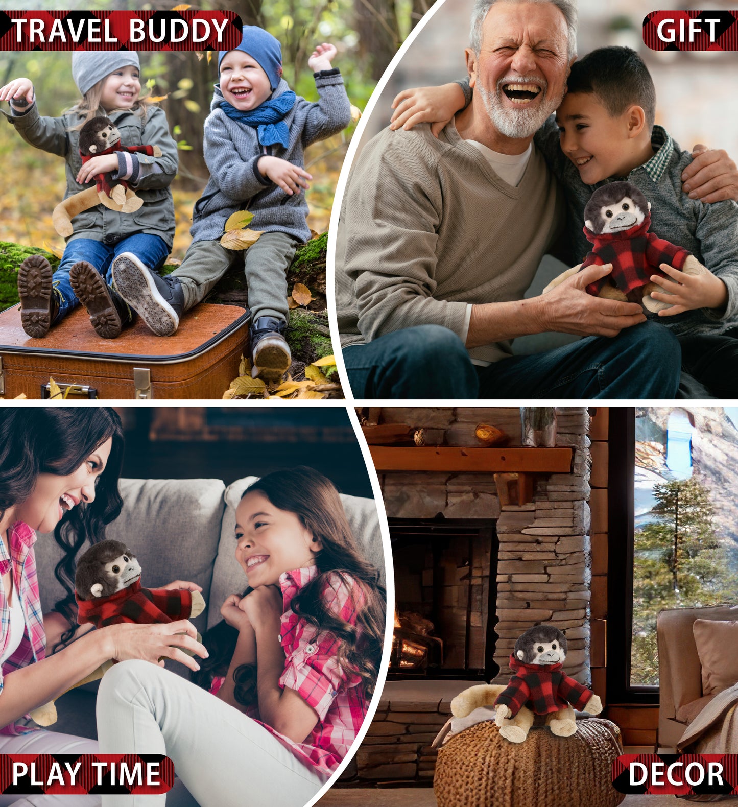 SUPER SOFT PLUSH - SQUIRREL MONKEY WITH RED PLAID HOODIE