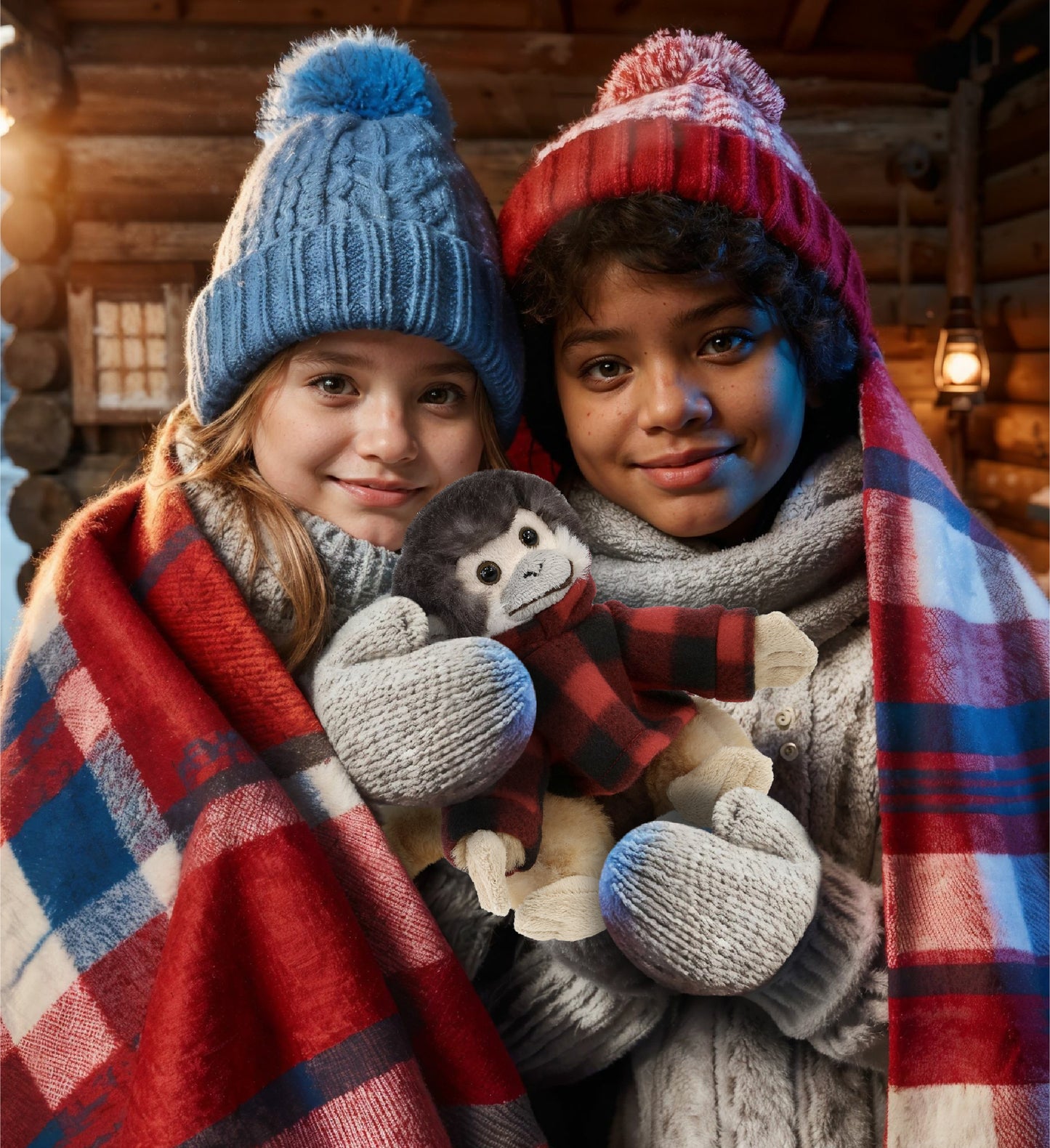 SUPER SOFT PLUSH - SQUIRREL MONKEY WITH RED PLAID HOODIE