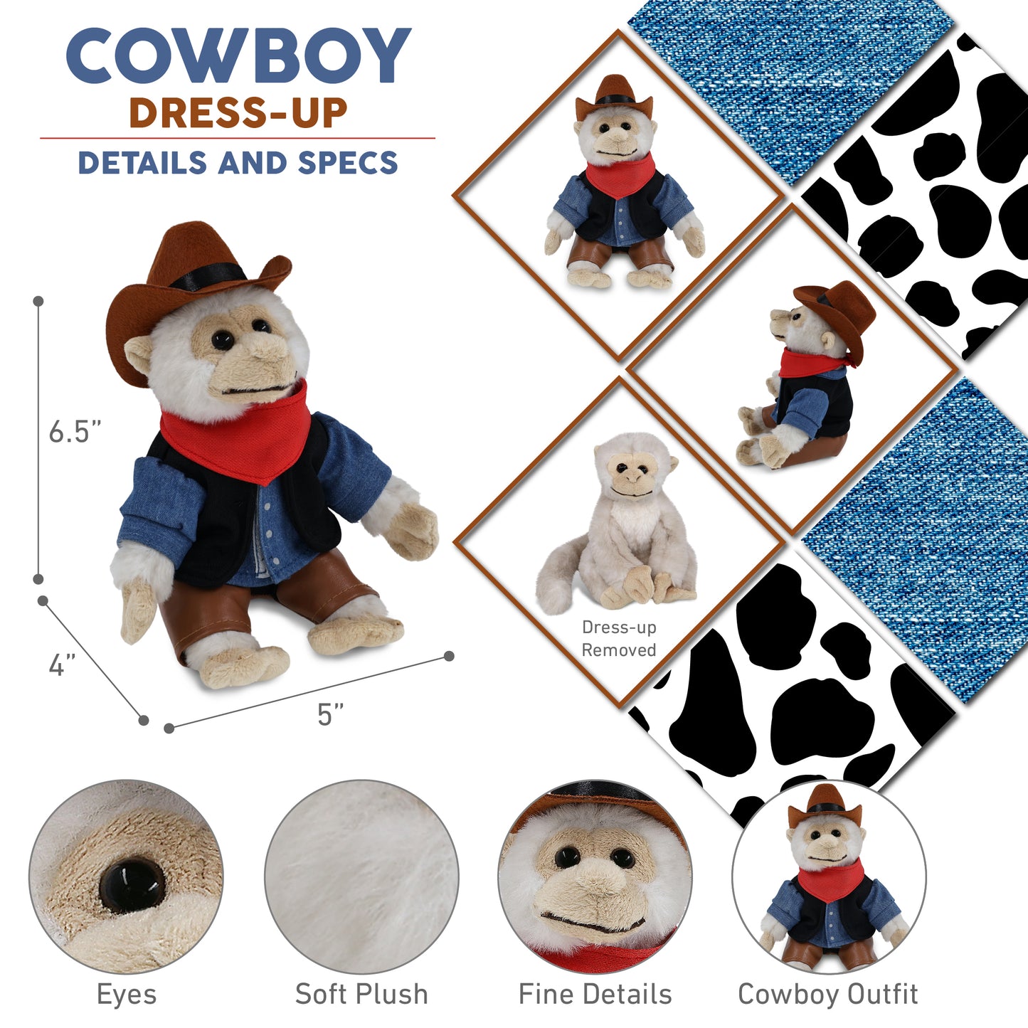 SUPER SOFT PLUSH - WHITE SQUIRREL MONKEY COWBOY DRESS UP