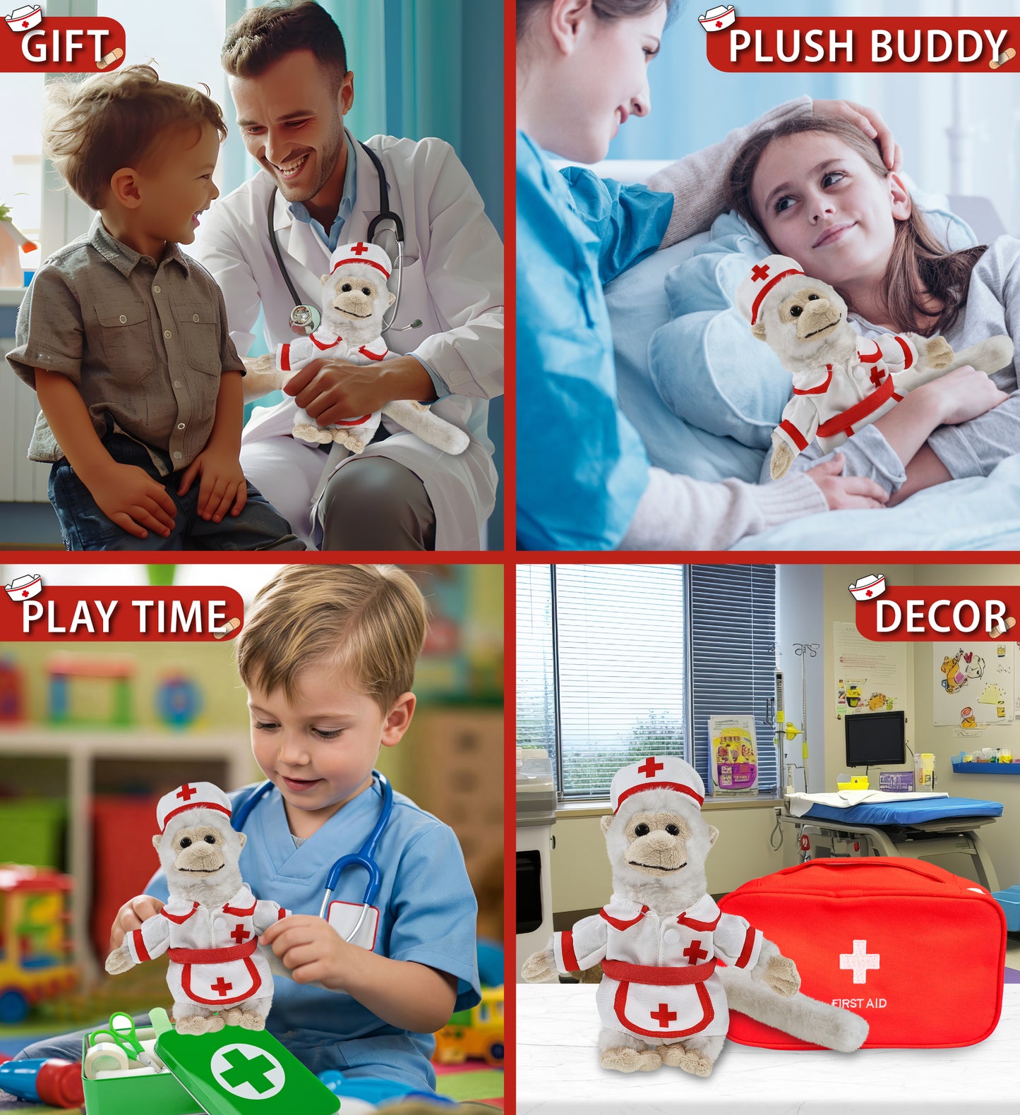 SUPER SOFT PLUSH - WHITE SQUIRREL MONKEY With NURSE Dress-Up