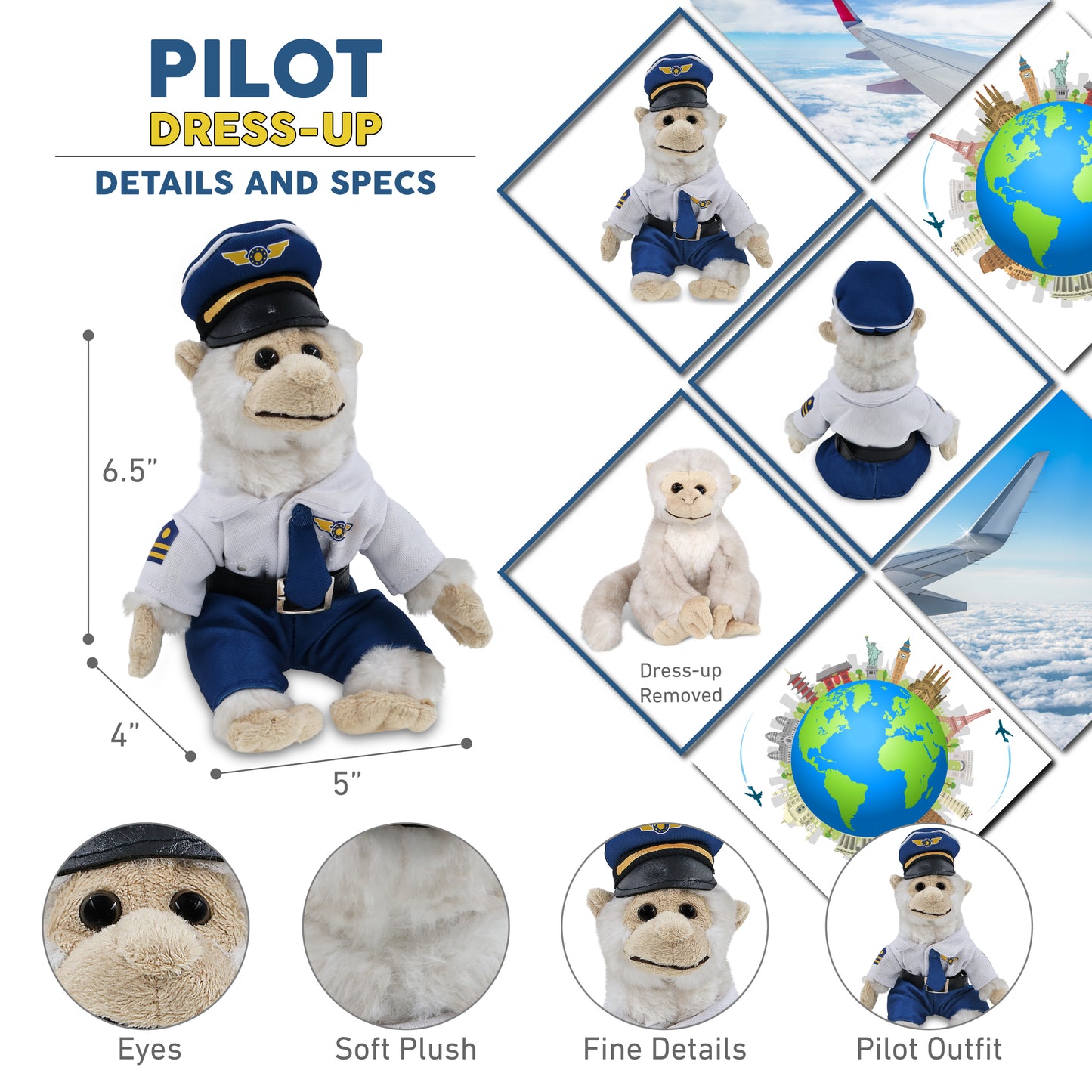SUPER SOFT PLUSH - WHITE SQUIRREL MONKEY WITH PILOT DRESS UP