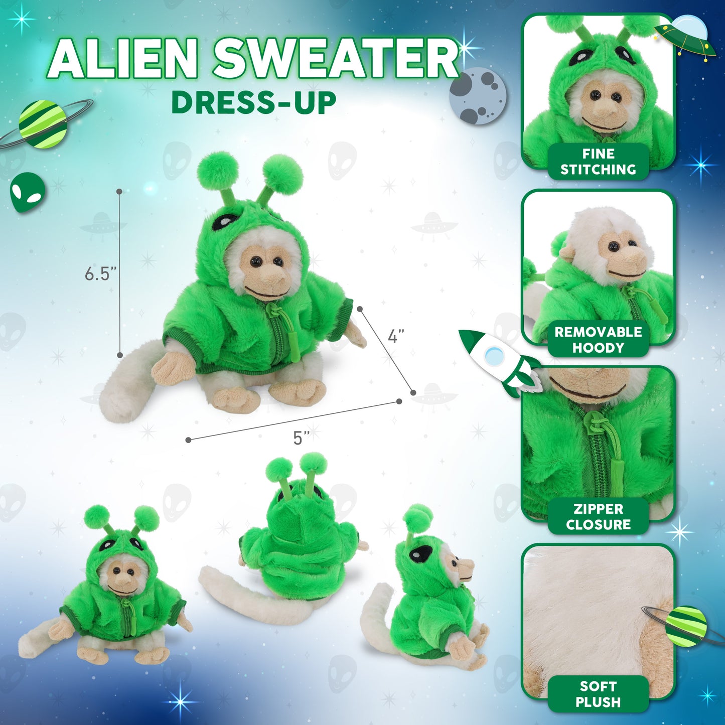 SUPER SOFT PLUSH - WHITE SQUIRREL MONKEY WITH ALIEN SWEATER