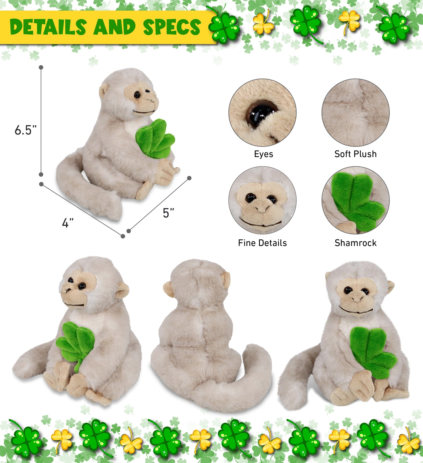 DolliBu White Squirrel Monkey Stuffed Toy with Green Plush Shamrock - 12.5 Inch