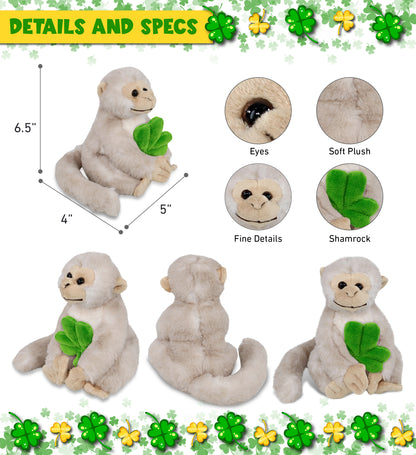 DolliBu White Squirrel Monkey Stuffed Toy with Green Plush Shamrock - 12.5 Inch