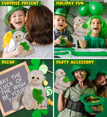 DolliBu White Squirrel Monkey Stuffed Toy with Green Plush Shamrock - 12.5 Inch