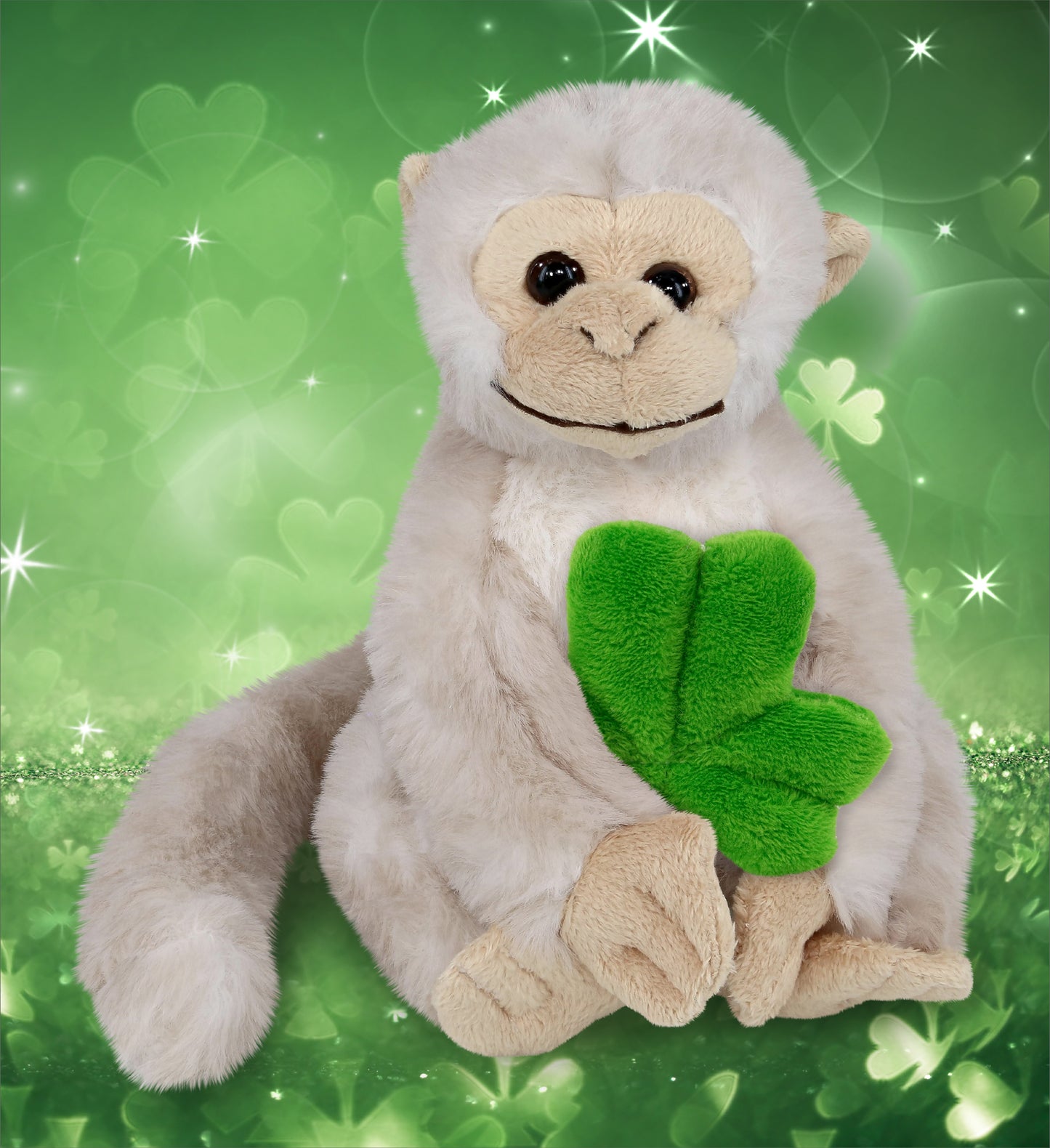 DolliBu White Squirrel Monkey Stuffed Toy with Green Plush Shamrock - 12.5 Inch