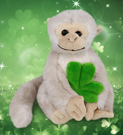 DolliBu White Squirrel Monkey Stuffed Toy with Green Plush Shamrock - 12.5 Inch