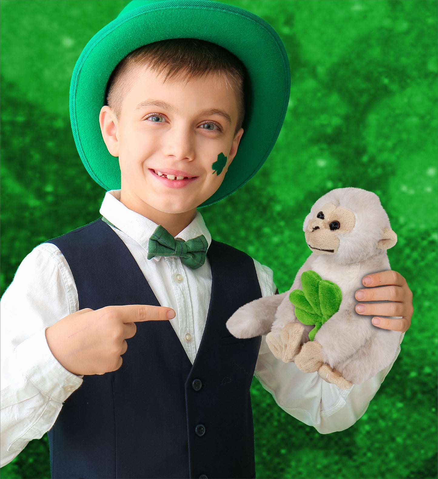 DolliBu White Squirrel Monkey Stuffed Toy with Green Plush Shamrock - 12.5 Inch