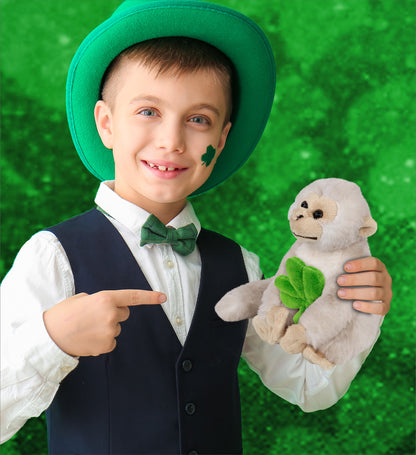 DolliBu White Squirrel Monkey Stuffed Toy with Green Plush Shamrock - 12.5 Inch