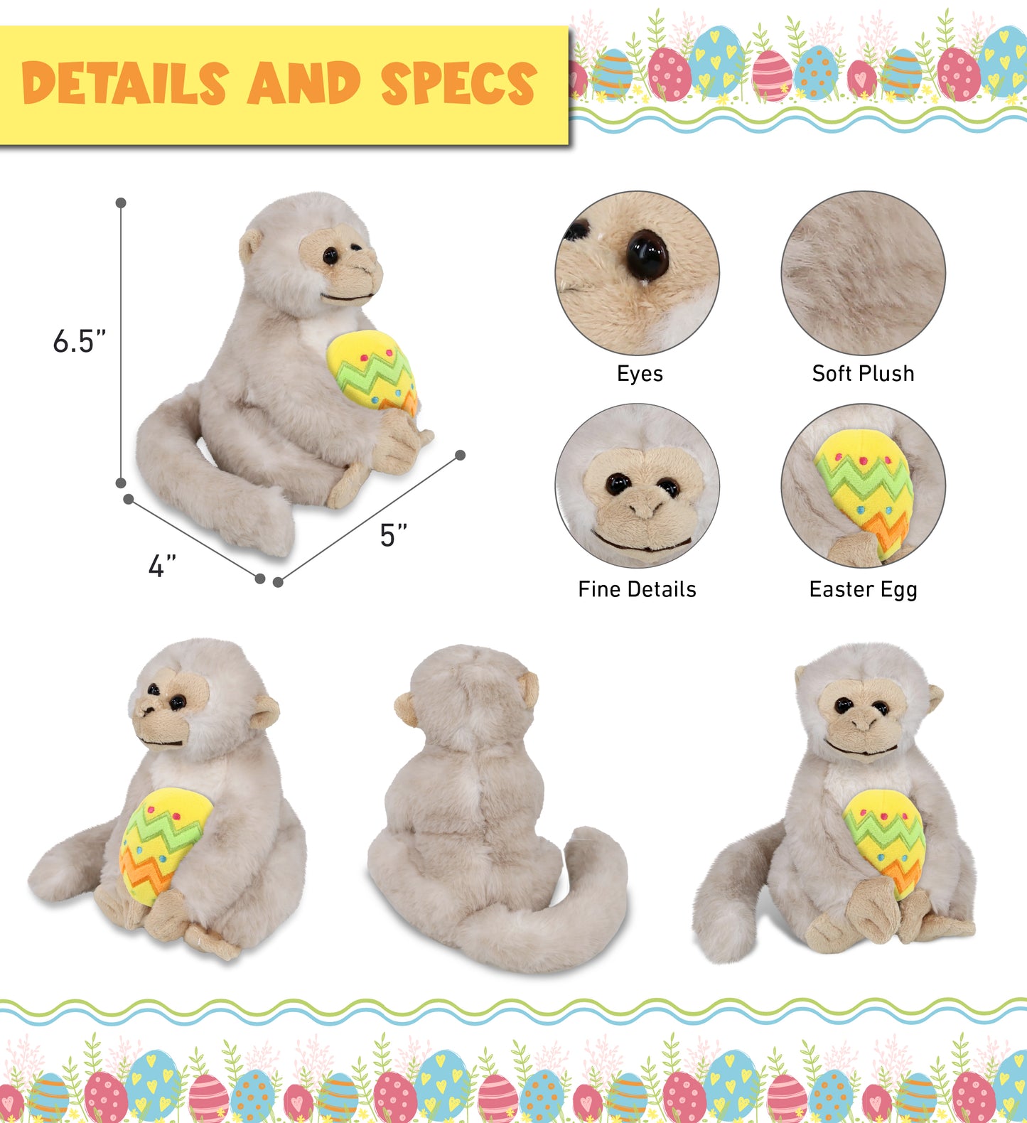 DolliBu Cute White Squirrel Monkey with Yellow Easter Egg Plush - 12.5 Inches