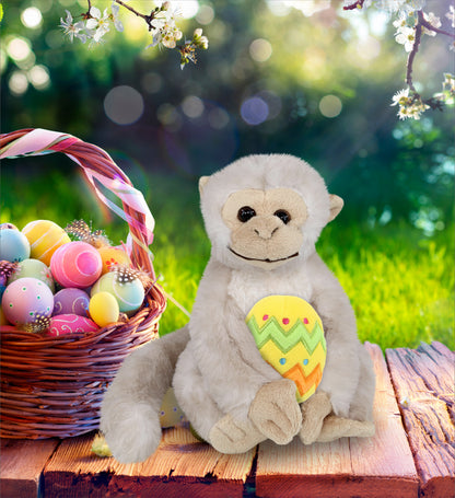 DolliBu Cute White Squirrel Monkey with Yellow Easter Egg Plush - 12.5 Inches