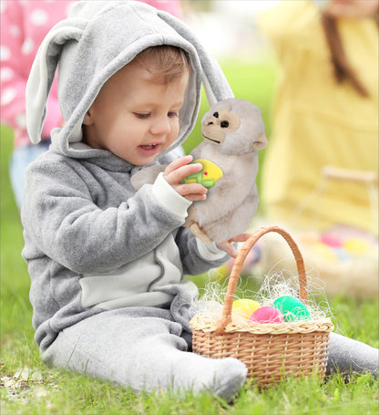 DolliBu Cute White Squirrel Monkey with Yellow Easter Egg Plush - 12.5 Inches