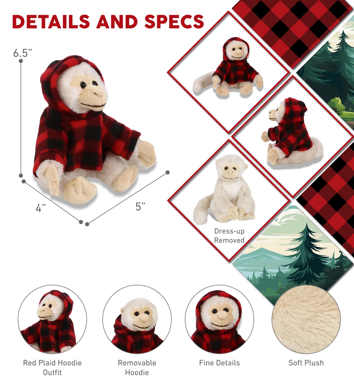 SUPER SOFT PLUSH - WHITE SQUIRREL MONKEY WITH RED PLAID HOODIE