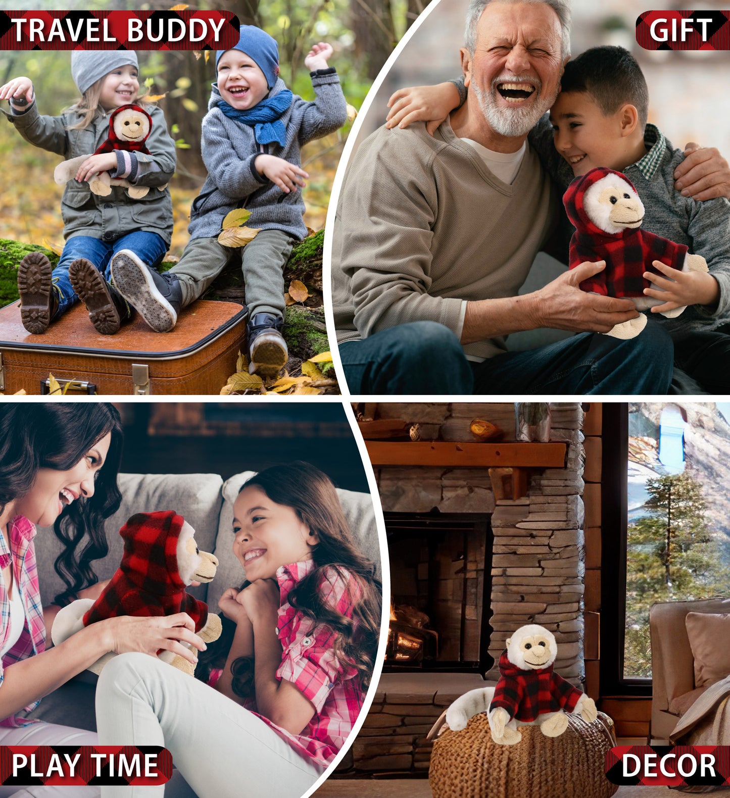 SUPER SOFT PLUSH - WHITE SQUIRREL MONKEY WITH RED PLAID HOODIE