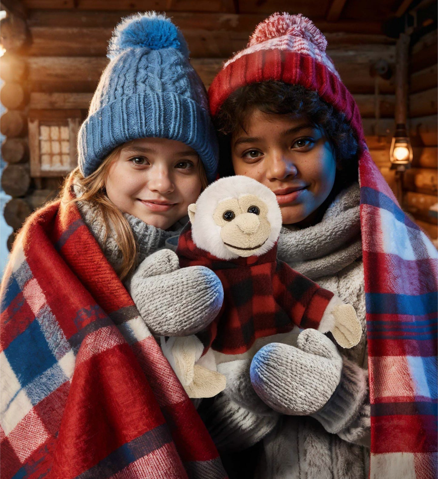 SUPER SOFT PLUSH - WHITE SQUIRREL MONKEY WITH RED PLAID HOODIE